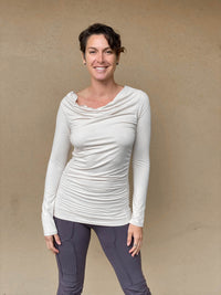 women's plant based rayon jersey long sleeve cream top with slight cowl neck and side ruching #color_cream