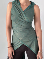 women's plant based rayon jersey snake print jasper green and gold adjustable hooded wrap vest or top #color_jasper