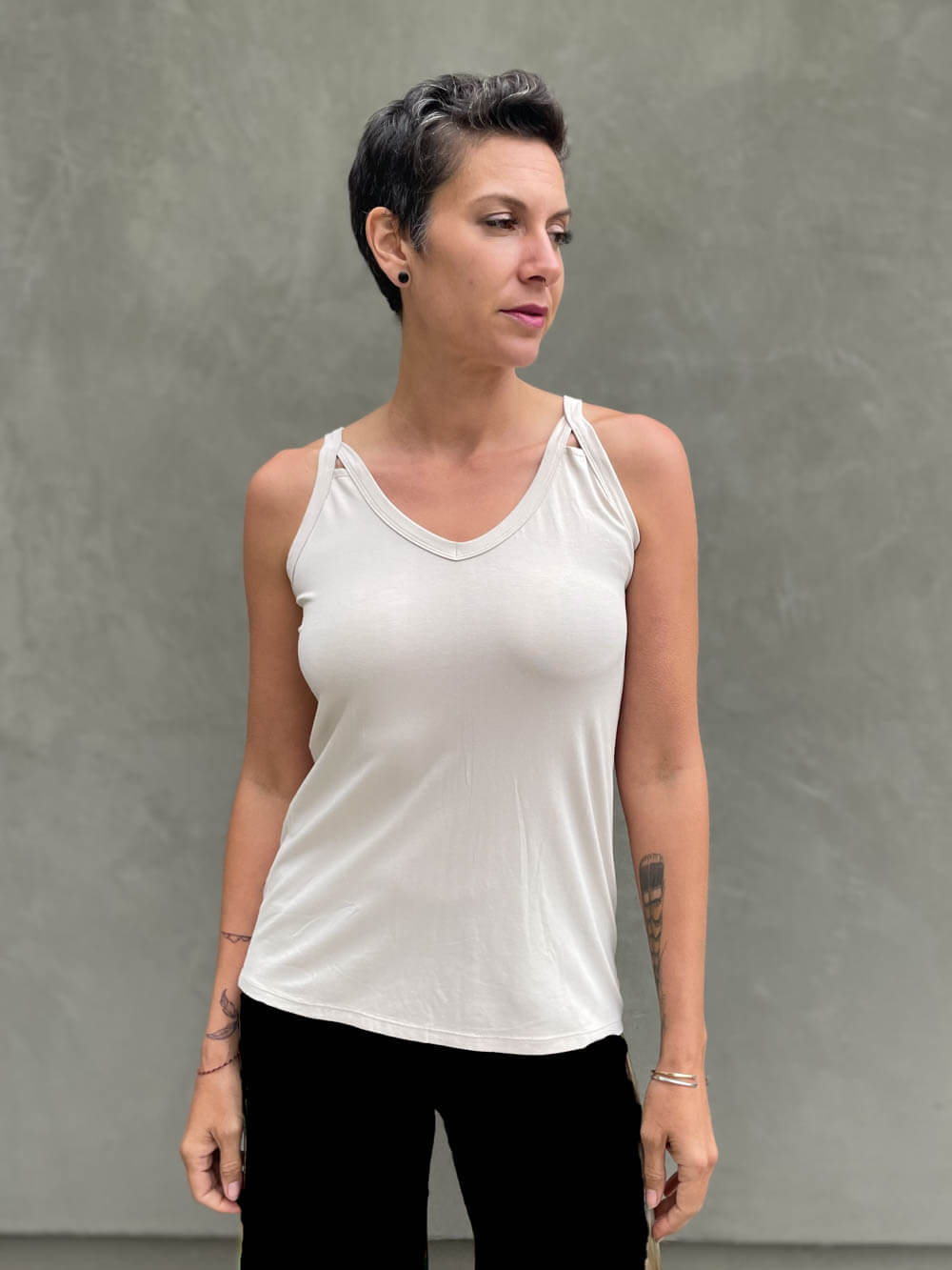 caraucci scoop neck cream tank top with cut out accents #color_cream