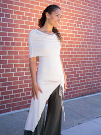 caraucci women's cream full length tunic with adjustable side ruching and a loose cowl neck that can be worn as a hood or over the shoulders #color_cream