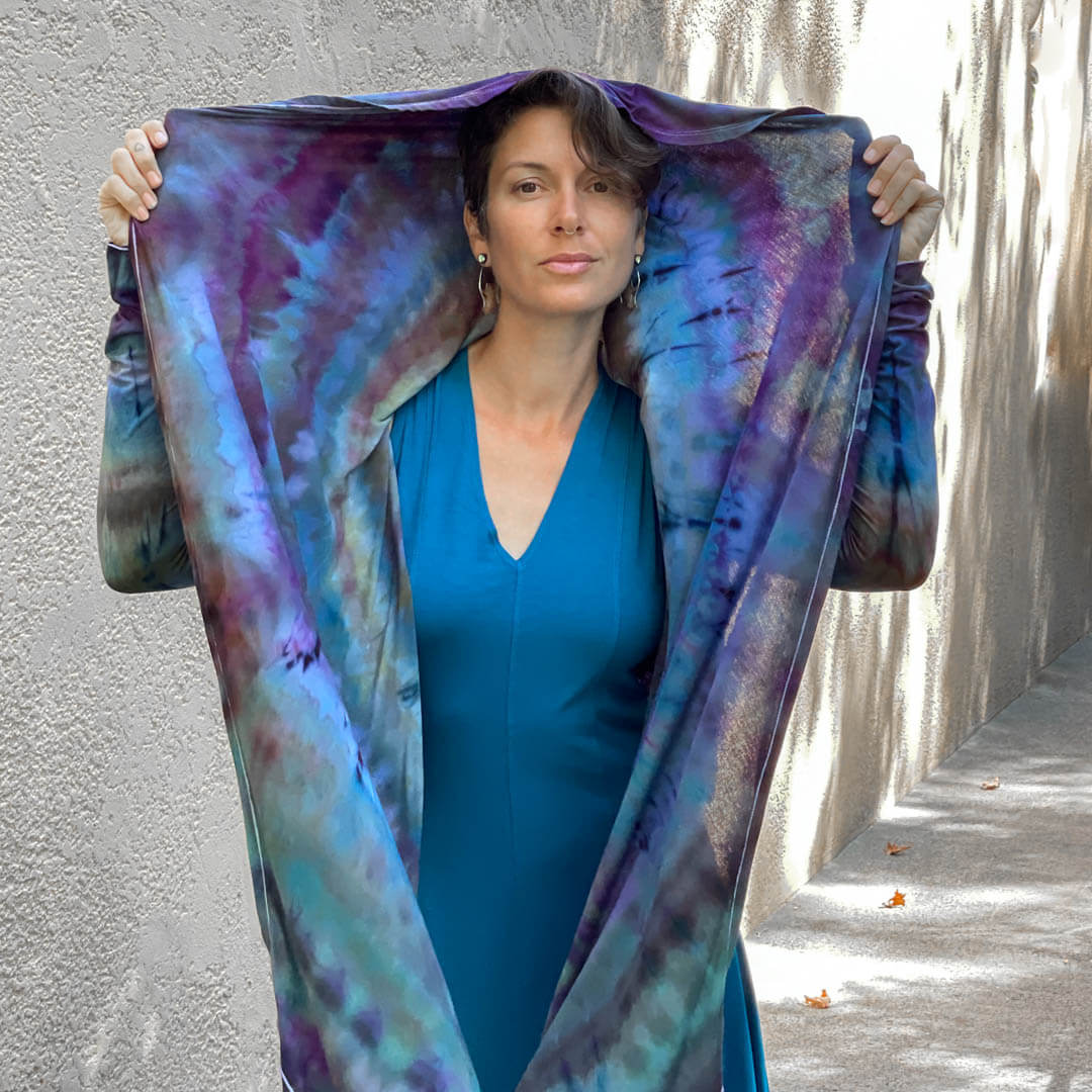 caraucci plant-based rayon jersey ice dyed flow wrap jacket