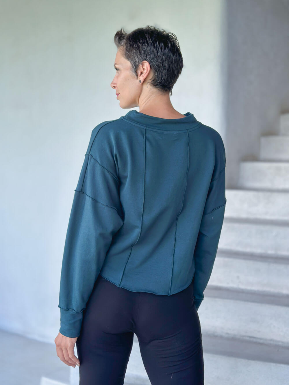 caraucci bamboo cotton fleece teal blue dolman sleeve pullover sweatshirt #color_teal