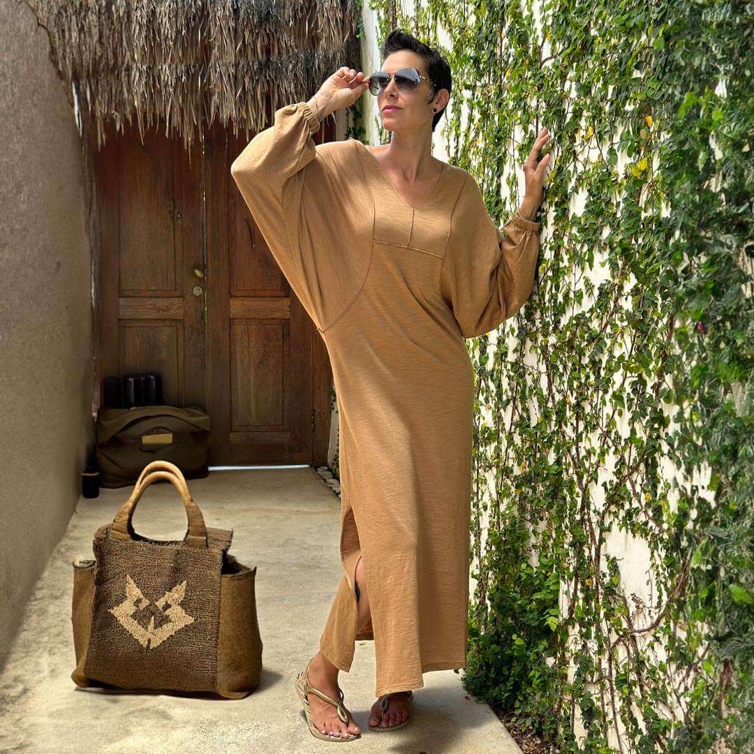 caraucci lightweight long sleeve camel cotton side slit dress