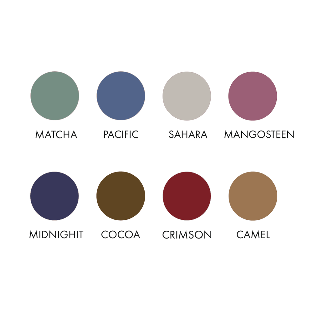 CARAUCCI cotton jersey color palette in Matcha, Pacific, Sahara, Mangosteen, Midnight, Cocoa, Crimson and Camel.