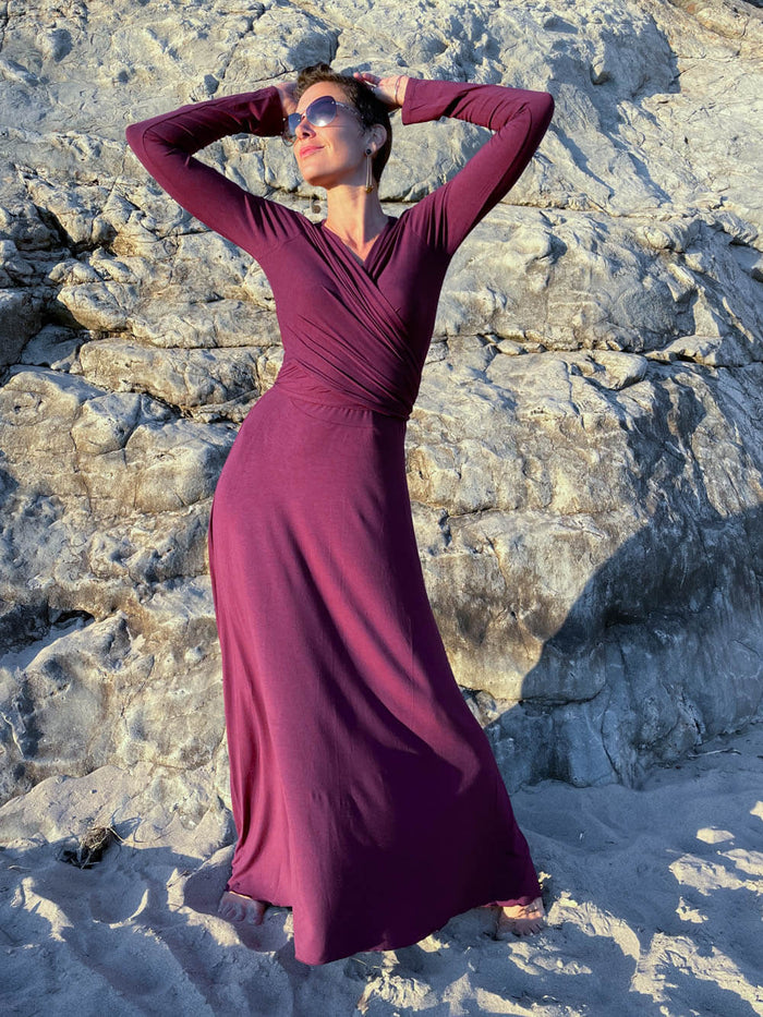 women's plant-based rayon jersey stretchy long sleeve wrap style purple maxi dress #color_jam