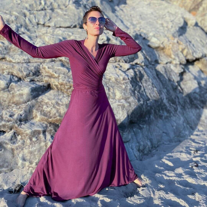 women's plant-based rayon jersey stretchy long sleeve wrap style purple maxi dress #color_jam