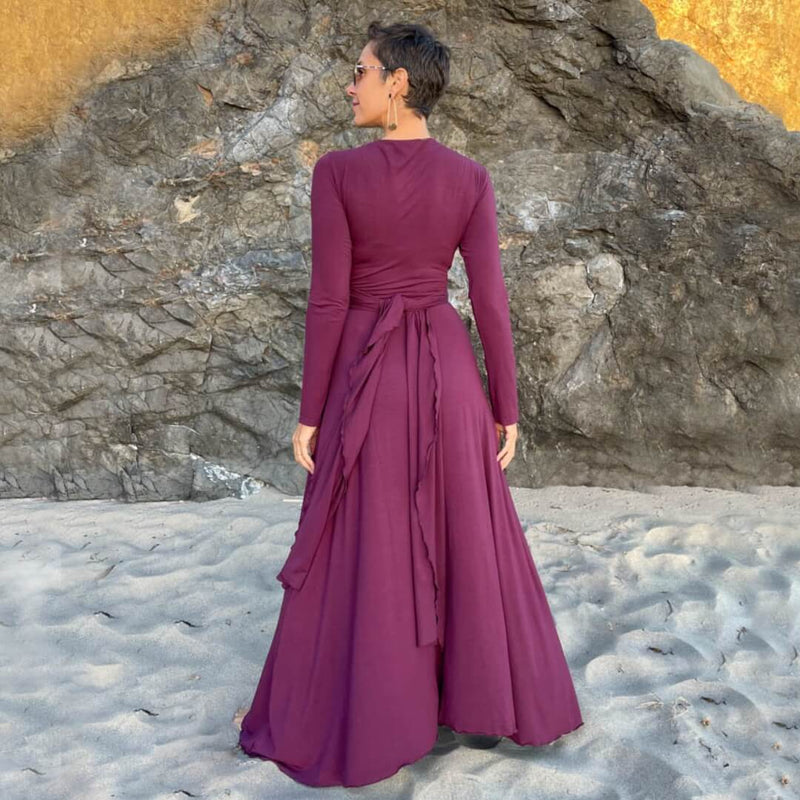 women's plant-based rayon jersey stretchy long sleeve wrap style purple maxi dress #color_jam