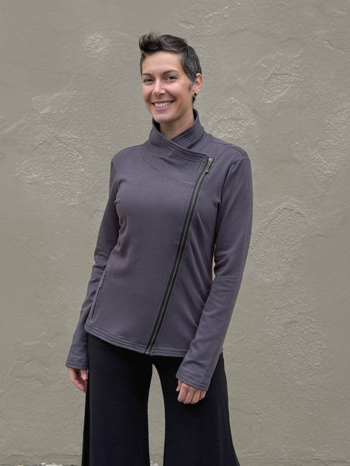 caraucci bamboo cotton fleece steel gray asymmetrical zipper jacket with pockets #color_steel