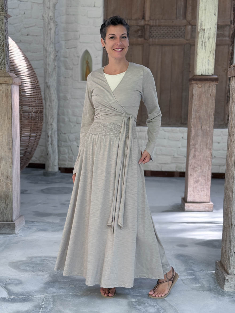 caraucci cotton jersey soft taupe long sleeve wrap ballet shrug #color_sahara