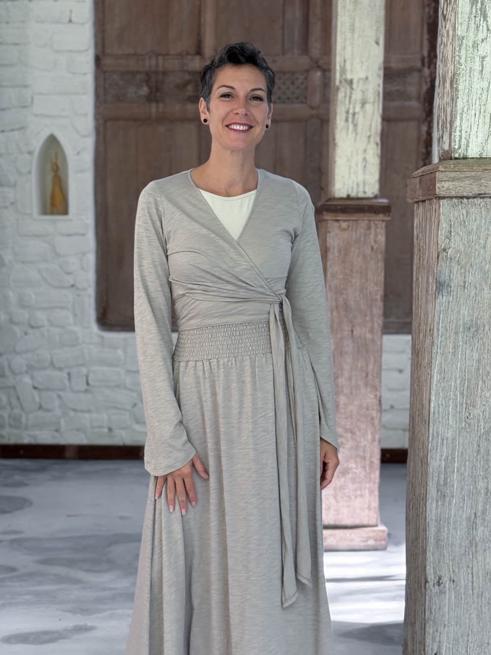 caraucci cotton jersey soft taupe long sleeve wrap ballet shrug #color_sahara