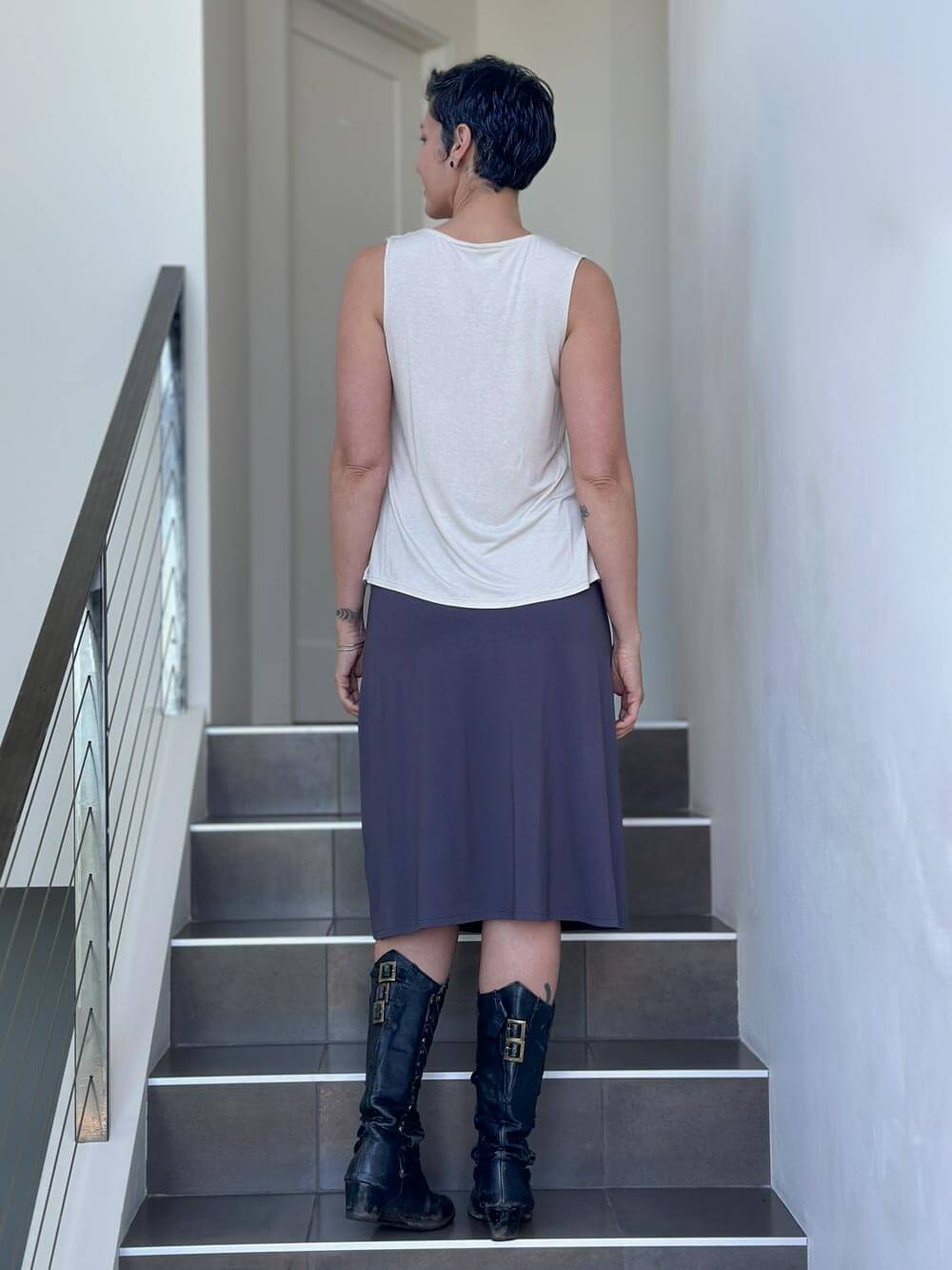 caraucci stretchy plant-based steel grey a line midi skirt #color_steel