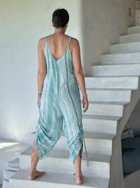 caraucci aqua, gray and white stripe ruched leg one-piece chiffon jumper #color_aqua