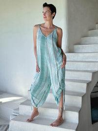 caraucci aqua, gray and white stripe ruched leg one-piece chiffon jumper #color_aqua
