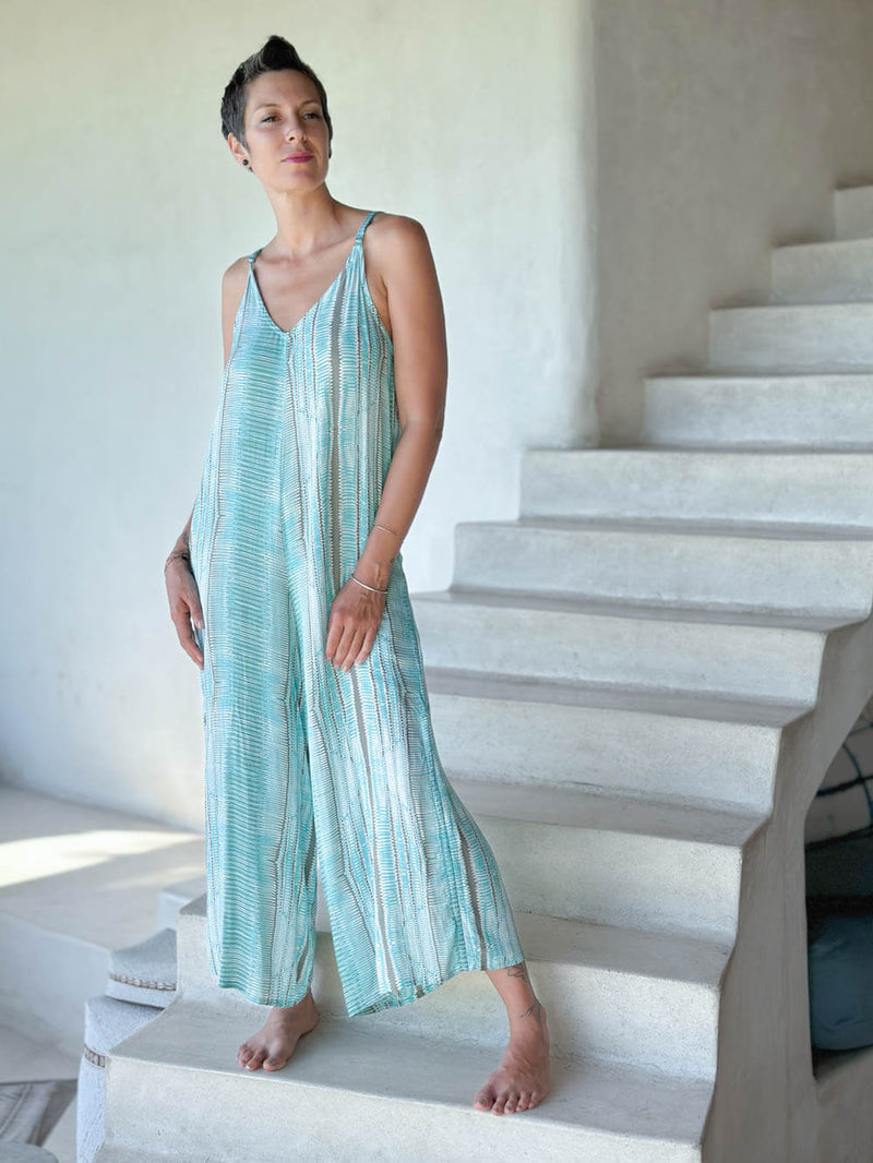 caraucci aqua, gray and white stripe ruched leg one-piece chiffon jumper #color_aqua