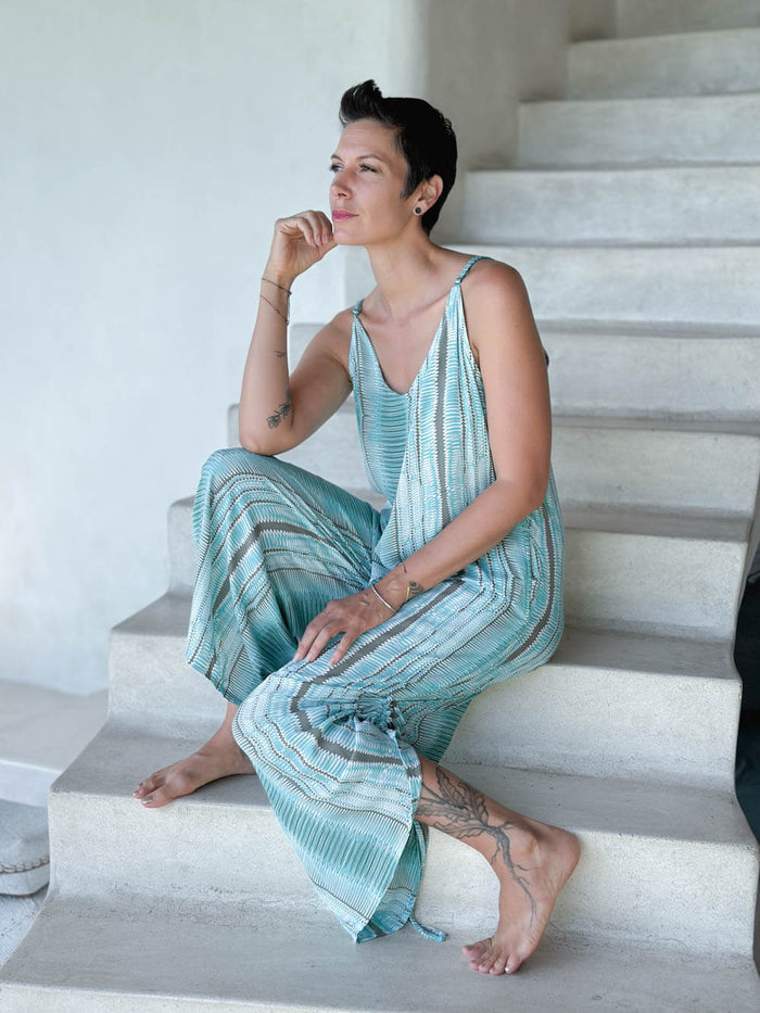 caraucci aqua, gray and white stripe ruched leg one-piece chiffon jumper #color_aqua