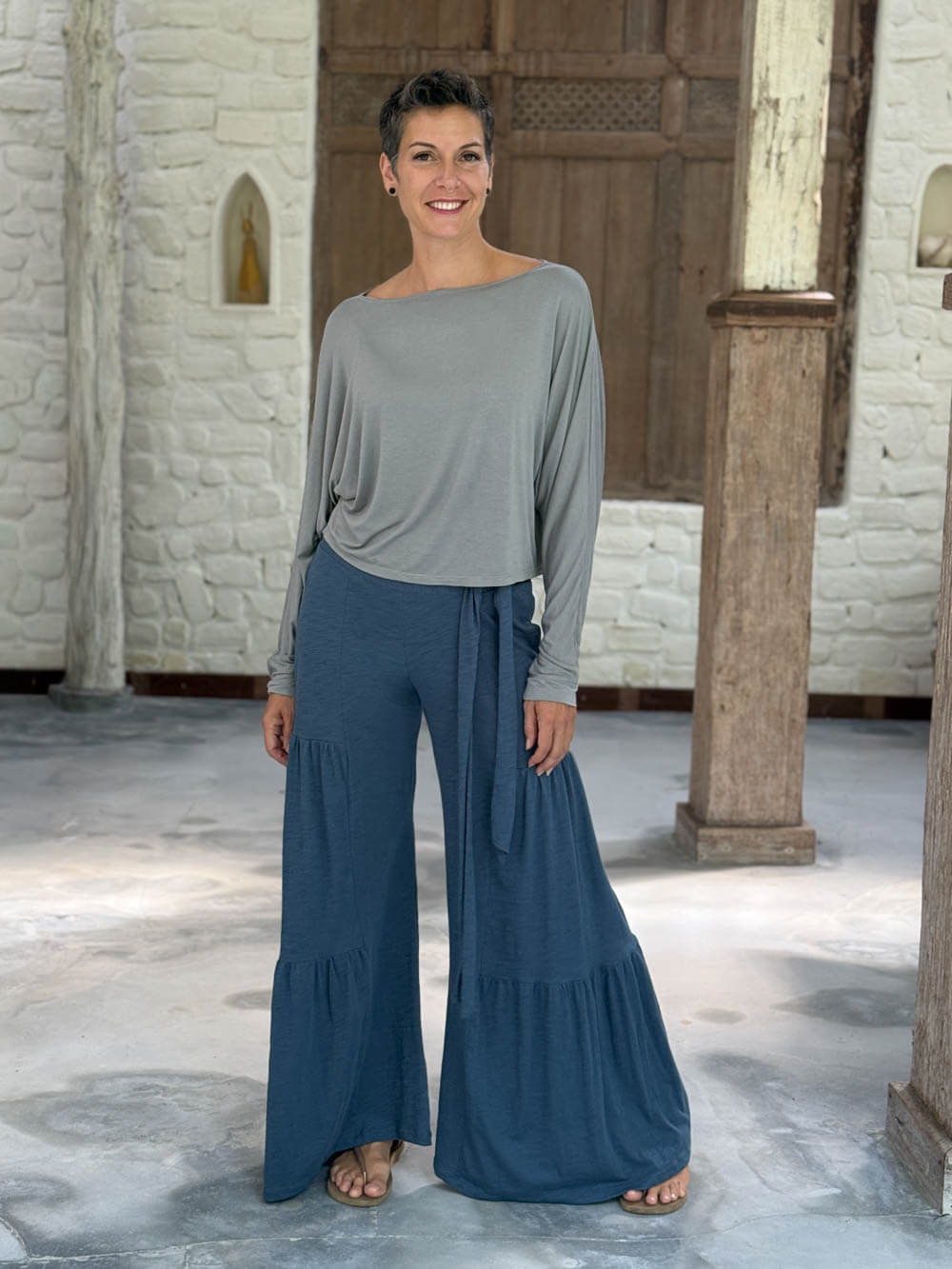 caraucci lightweight rayon jersey light grey long sleeve dolman top with blue wide leg pants #color_stone