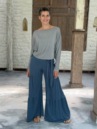 caraucci lightweight rayon jersey light grey long sleeve dolman top with blue wide leg pants #color_stone