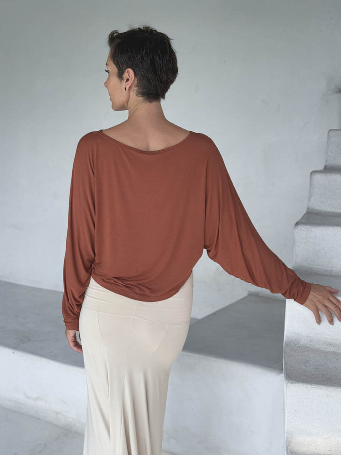 caraucci lightweight rayon jersey copper long sleeve dolman top with cream hourglass skirt #color_copper