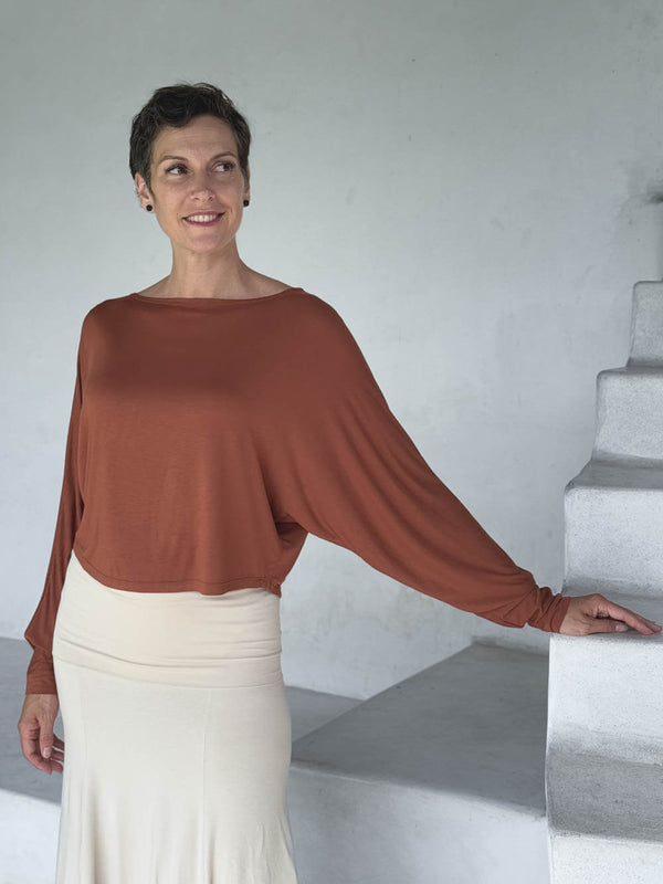 caraucci lightweight rayon jersey copper long sleeve dolman top with cream hourglass skirt #color_copper