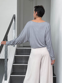 caraucci lightweight rayon jersey light grey long sleeve dolman top #color_stone