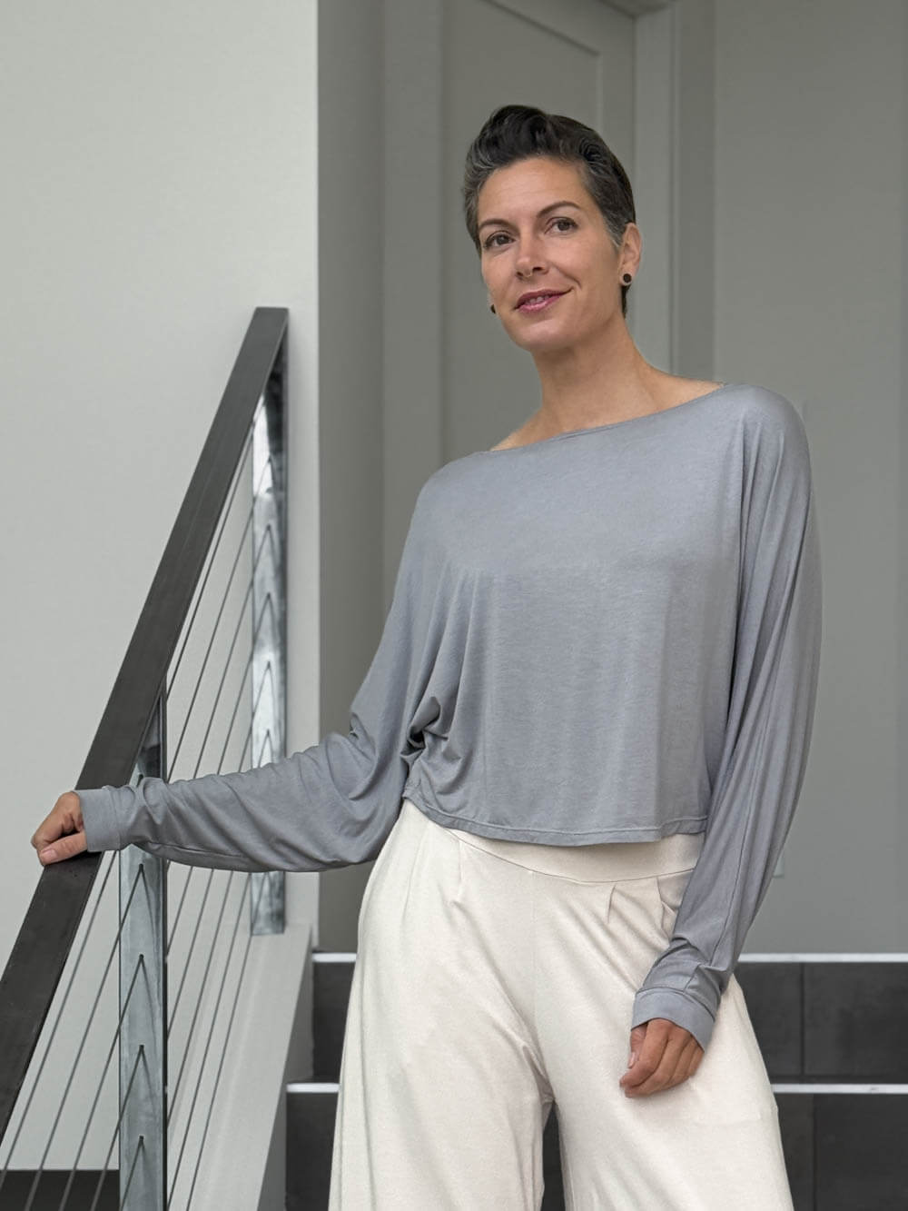 caraucci lightweight rayon jersey light grey long sleeve dolman top #color_stone