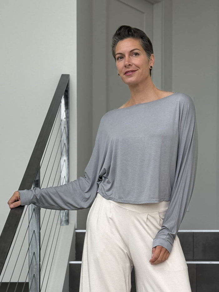 caraucci lightweight rayon jersey light grey long sleeve dolman top #color_stone