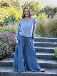 caraucci cotton smocked waist denim blue wide leg flow pants #color_pacific