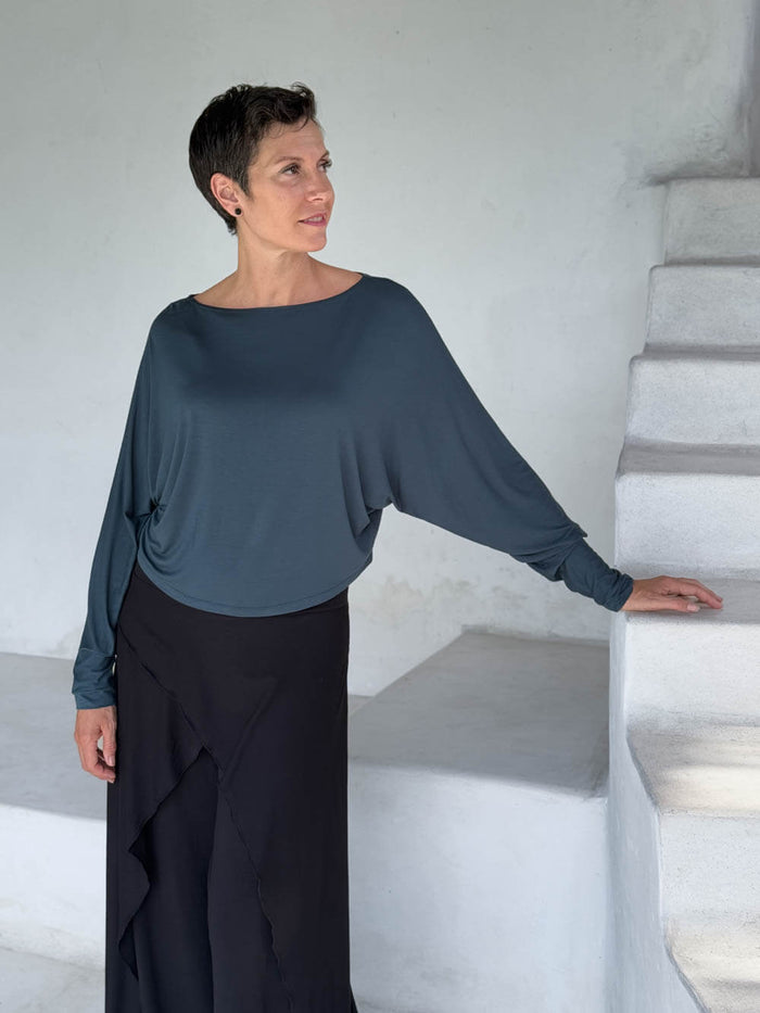 caraucci lightweight rayon jersey teal long sleeve dolman top with black wide leg slit pants #color_teal
