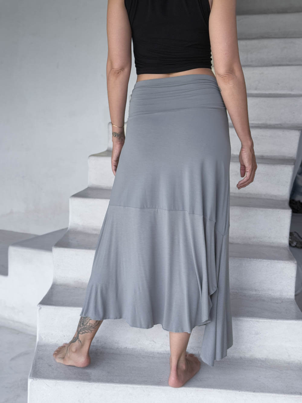 caraucci plant-based stretchy jersey convertible light gray asymmetrical midi skirt #color_stone