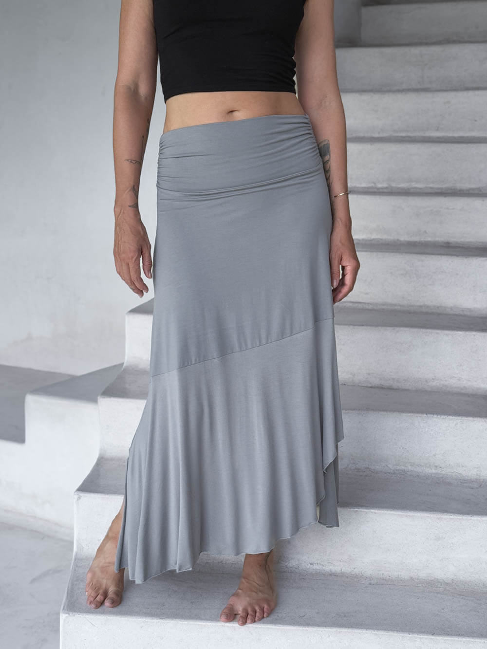 caraucci plant-based stretchy jersey convertible light gray asymmetrical midi skirt #color_stone