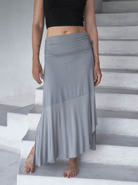caraucci plant-based stretchy jersey convertible light gray asymmetrical midi skirt #color_stone