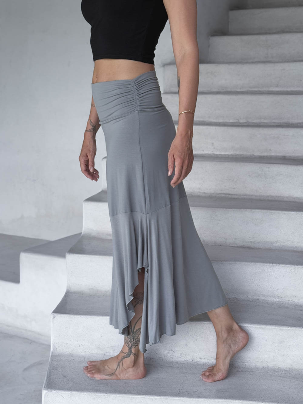 caraucci plant-based stretchy jersey convertible light gray asymmetrical midi skirt #color_stone