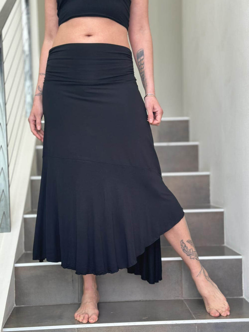 caraucci plant-based stretchy jersey pull-on convertible black asymmetrical midi skirt #color_black