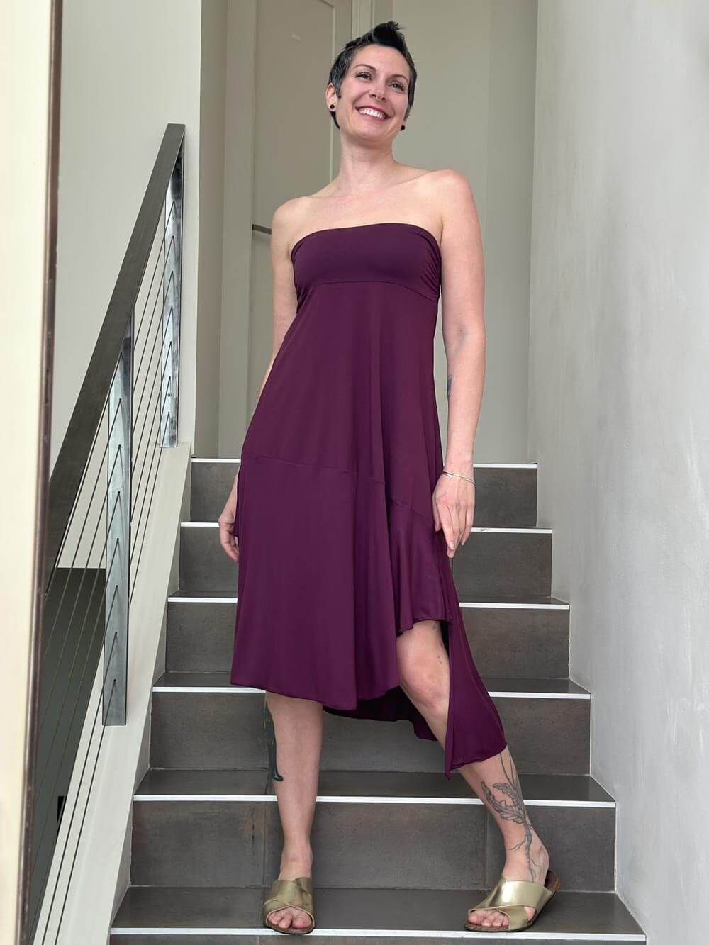 caraucci plant-based stretchy jersey pull-on convertible purple asymmetrical midi skirt #color_jam