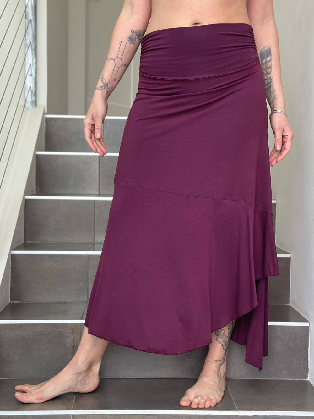 caraucci plant-based stretchy jersey pull-on convertible purple asymmetrical midi skirt #color_jam