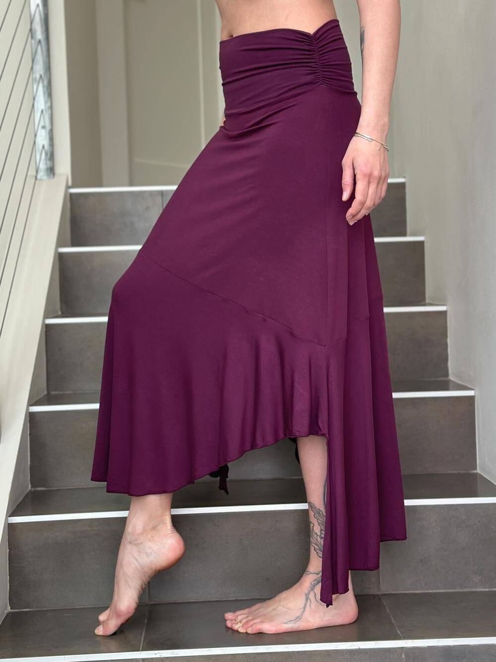 caraucci plant-based stretchy jersey pull-on convertible purple asymmetrical midi skirt #color_jam