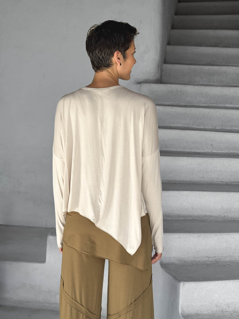 CARAUCCI asymmetrical lightweight rayon jersey cream long sleeve top #color_cream
