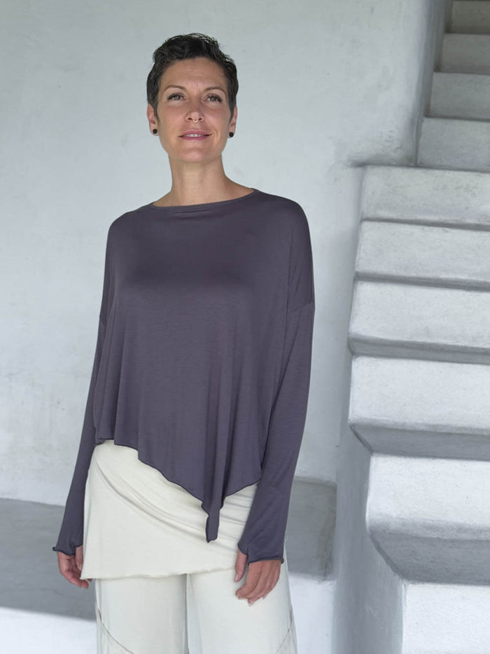 asymmetrical lightweight rayon jersey steel gray long sleeve top #color_steel