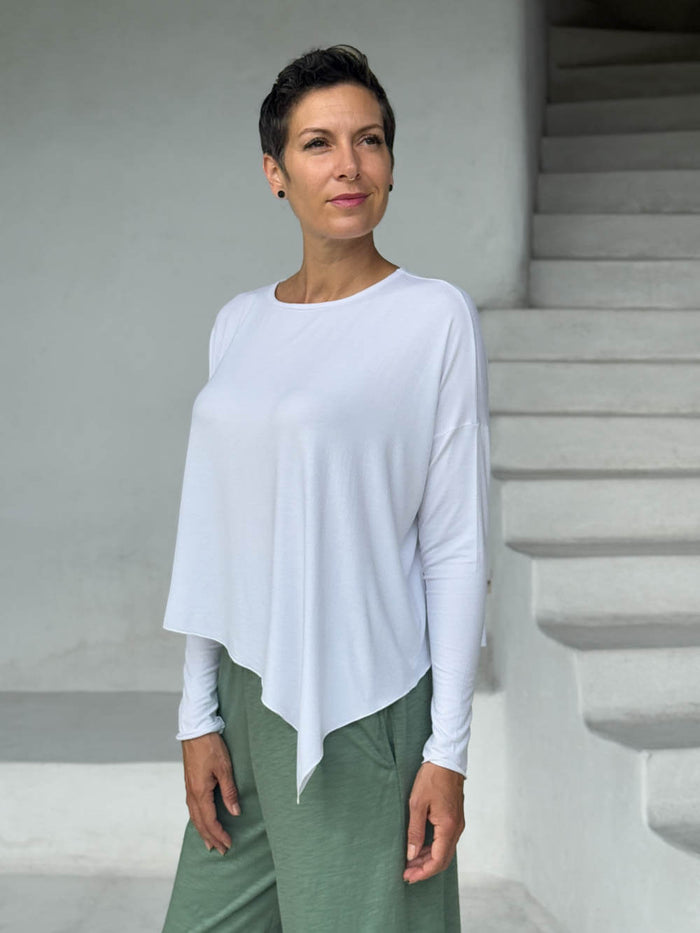 asymmetrical lightweight rayon jersey white long sleeve top #color_white