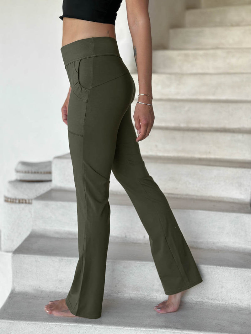 caraucci bamboo spandex flare forest green stretch pants with detailed stitching #color_forest