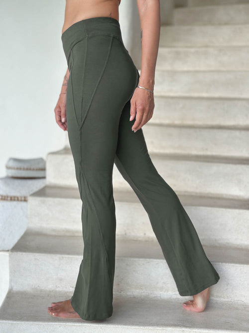 caraucci bamboo spandex flare forest green stretch pants with detailed stitching #color_forest