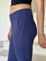 caraucci bamboo spandex flare navy blue stretch pants with detailed stitching #color_navy