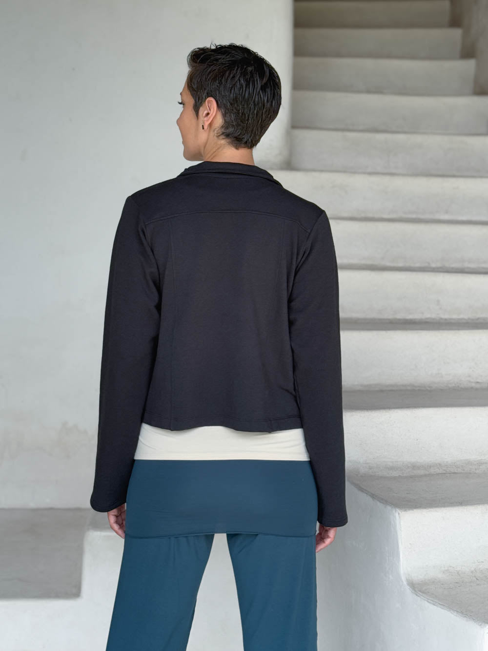 caraucci black bamboo fleece unstructured blazer jacket #color_black