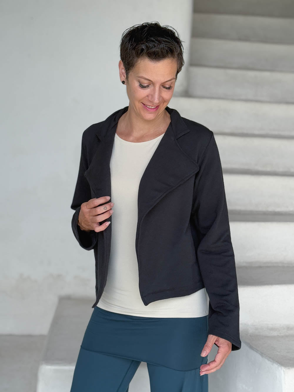 caraucci black bamboo fleece unstructured blazer jacket #color_black