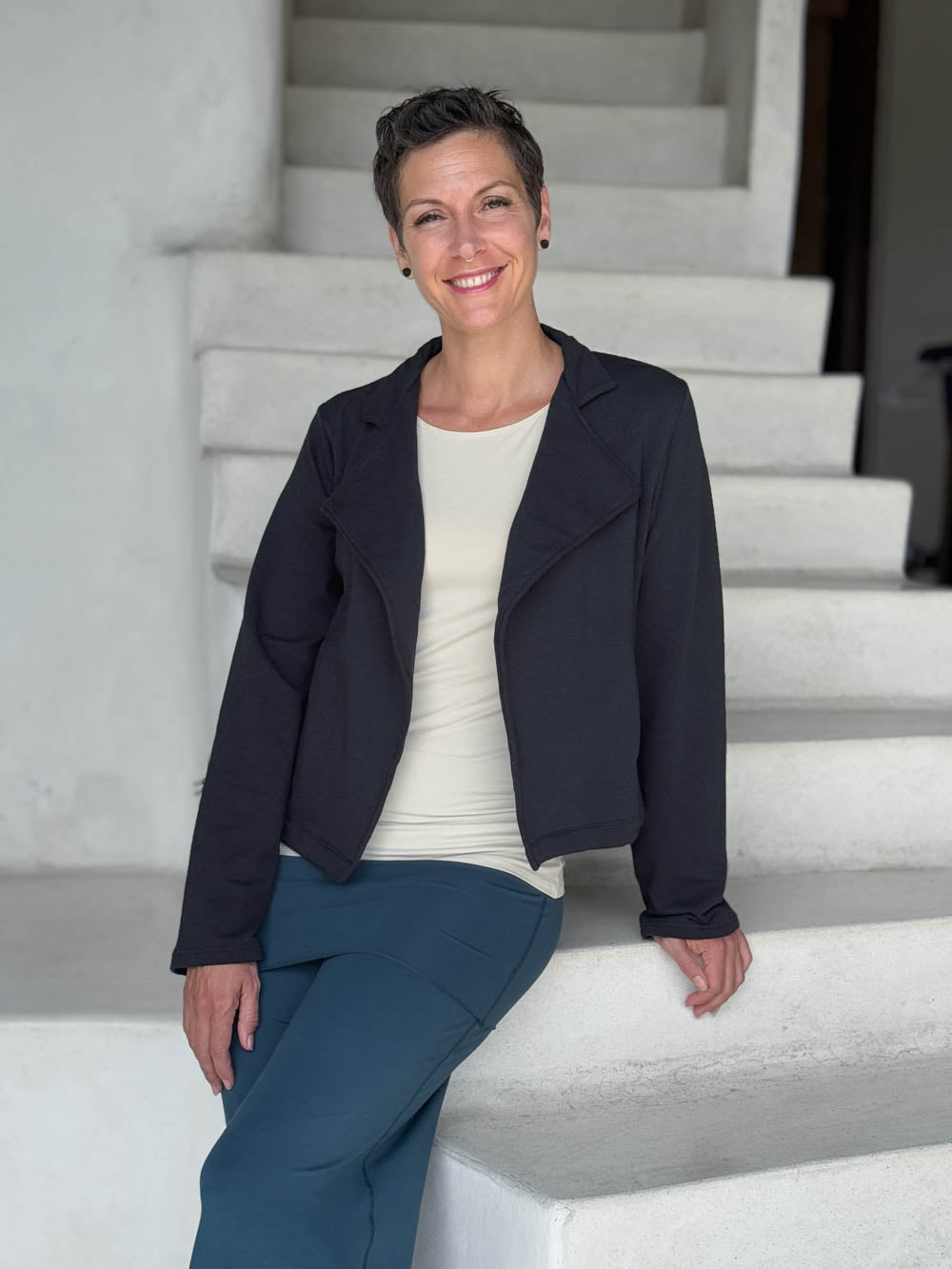 caraucci black bamboo fleece unstructured blazer jacket #color_black