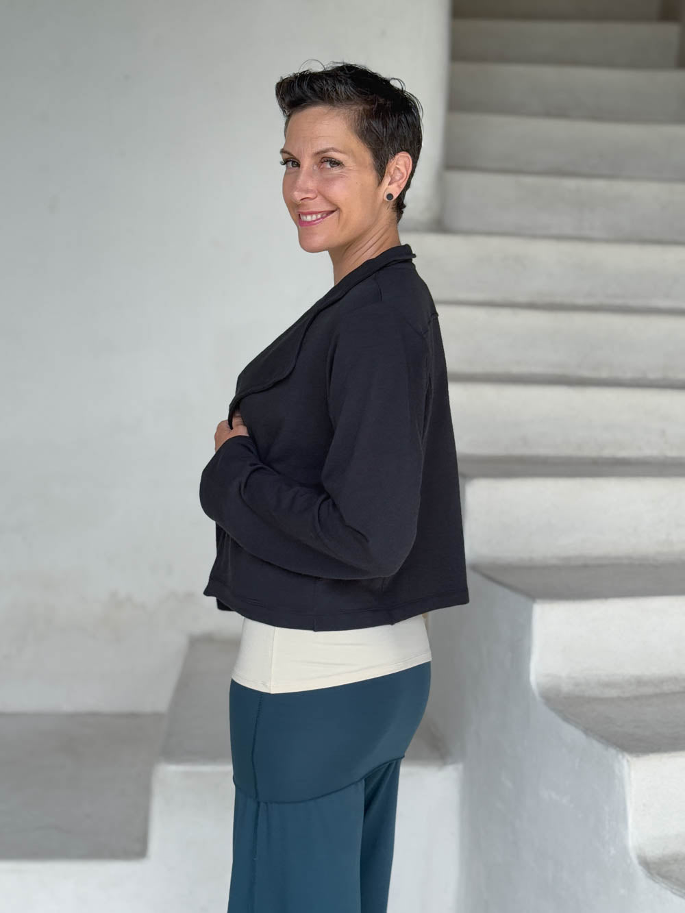 caraucci black bamboo fleece unstructured blazer jacket #color_black