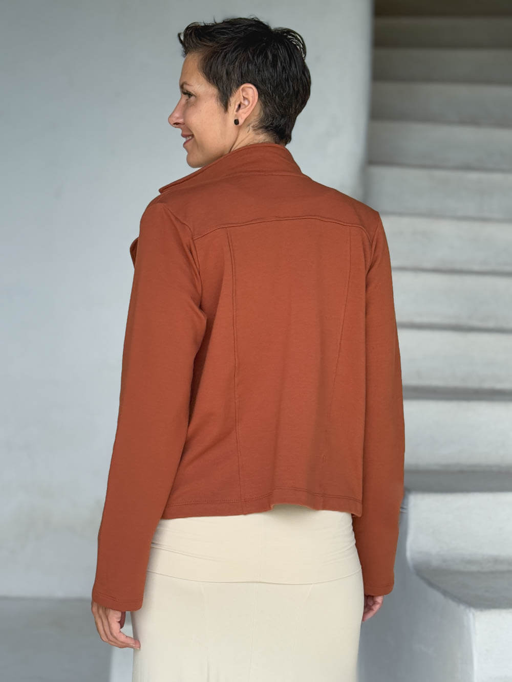 caraucci orange bamboo fleece unstructured blazer jacket #color_copper