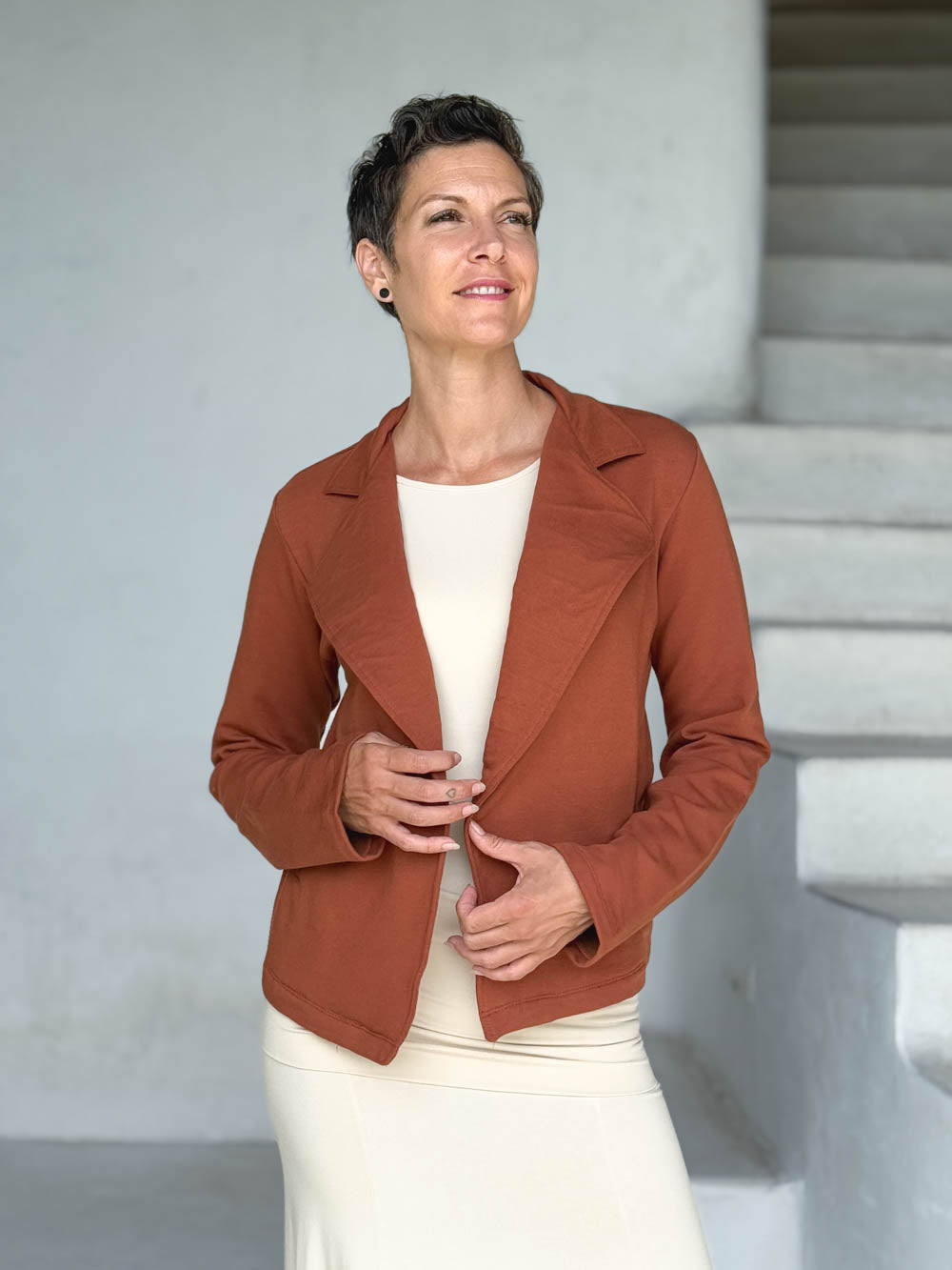 caraucci orange bamboo fleece unstructured blazer jacket #color_copper