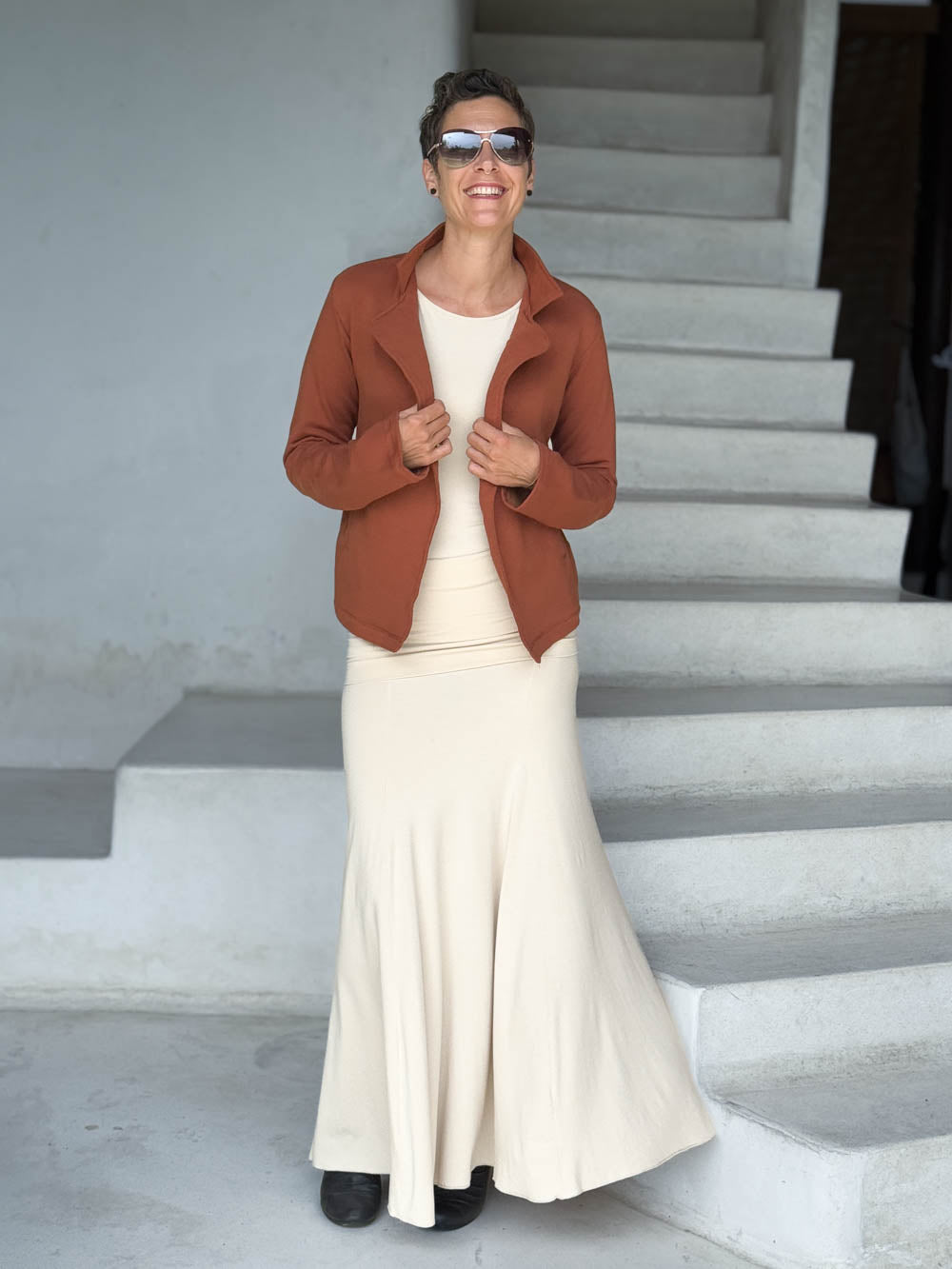 caraucci orange bamboo fleece unstructured blazer jacket #color_copper