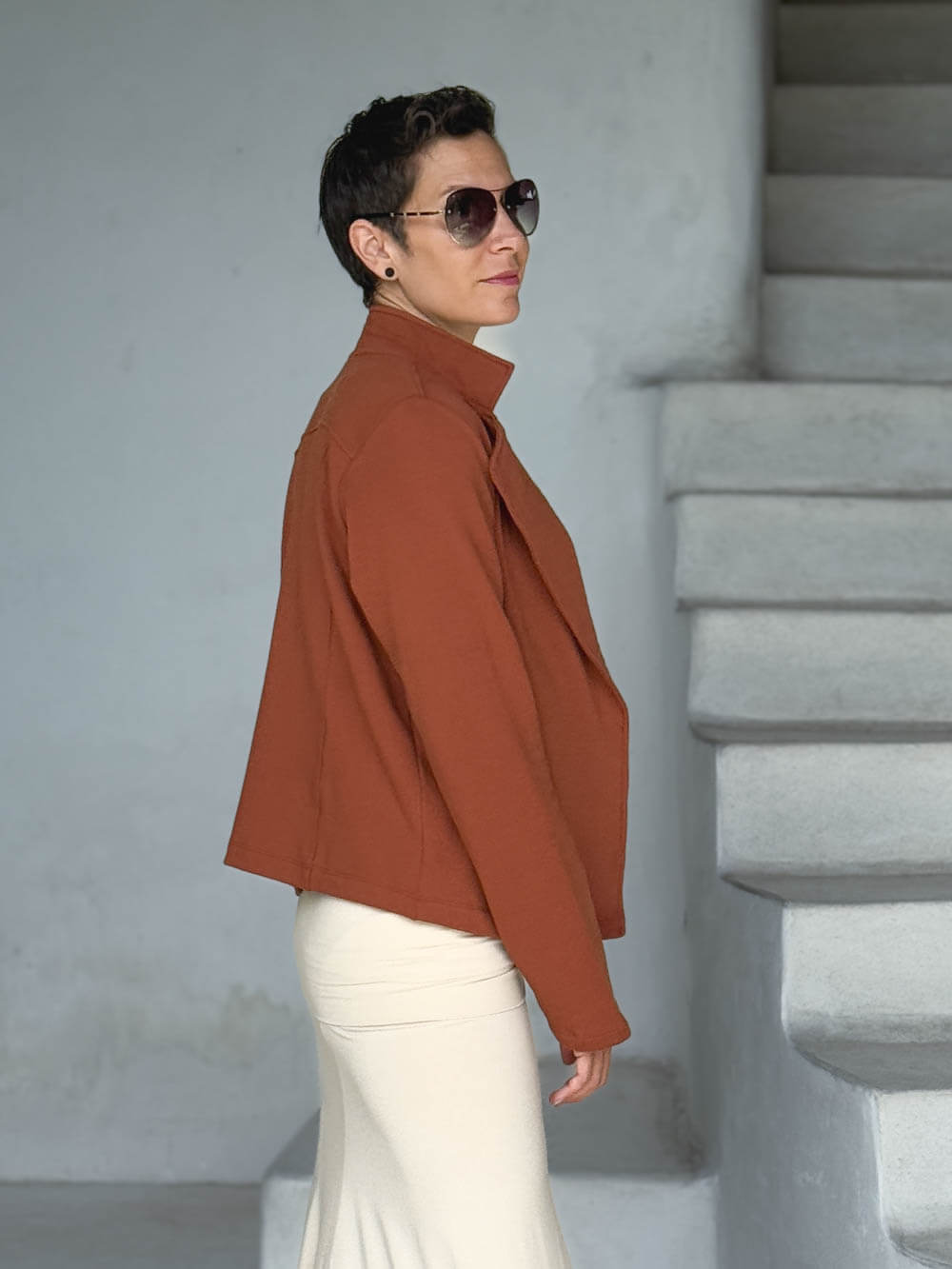 caraucci orange bamboo fleece unstructured blazer jacket #color_copper